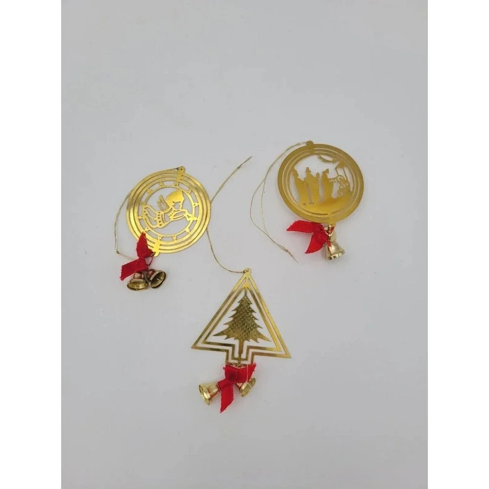 Lot of 3 Vintage Gold Tone Flat Metal‎ Christmas Ornaments With Bells